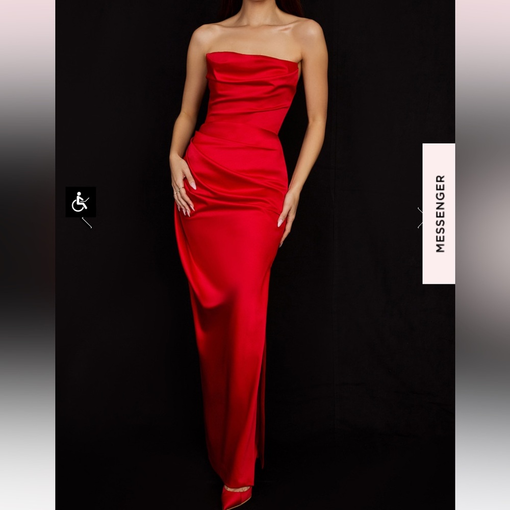 House of CB Adrienne Scarlett Satin Strapless Gown